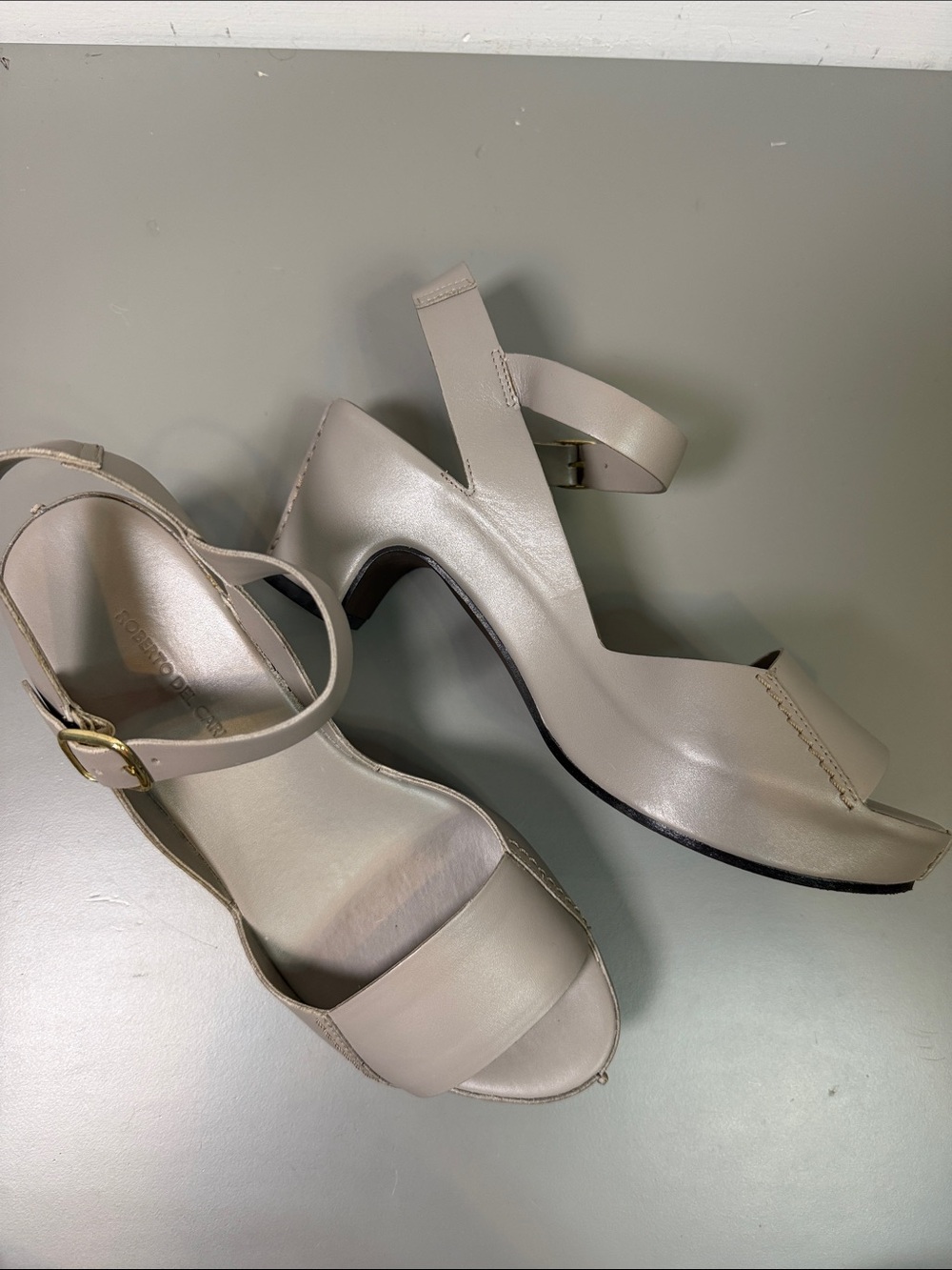 ROBERTO DEL CARLO GRAY LEATHER WRAPPED SANDAL KITTEN HEEL 37